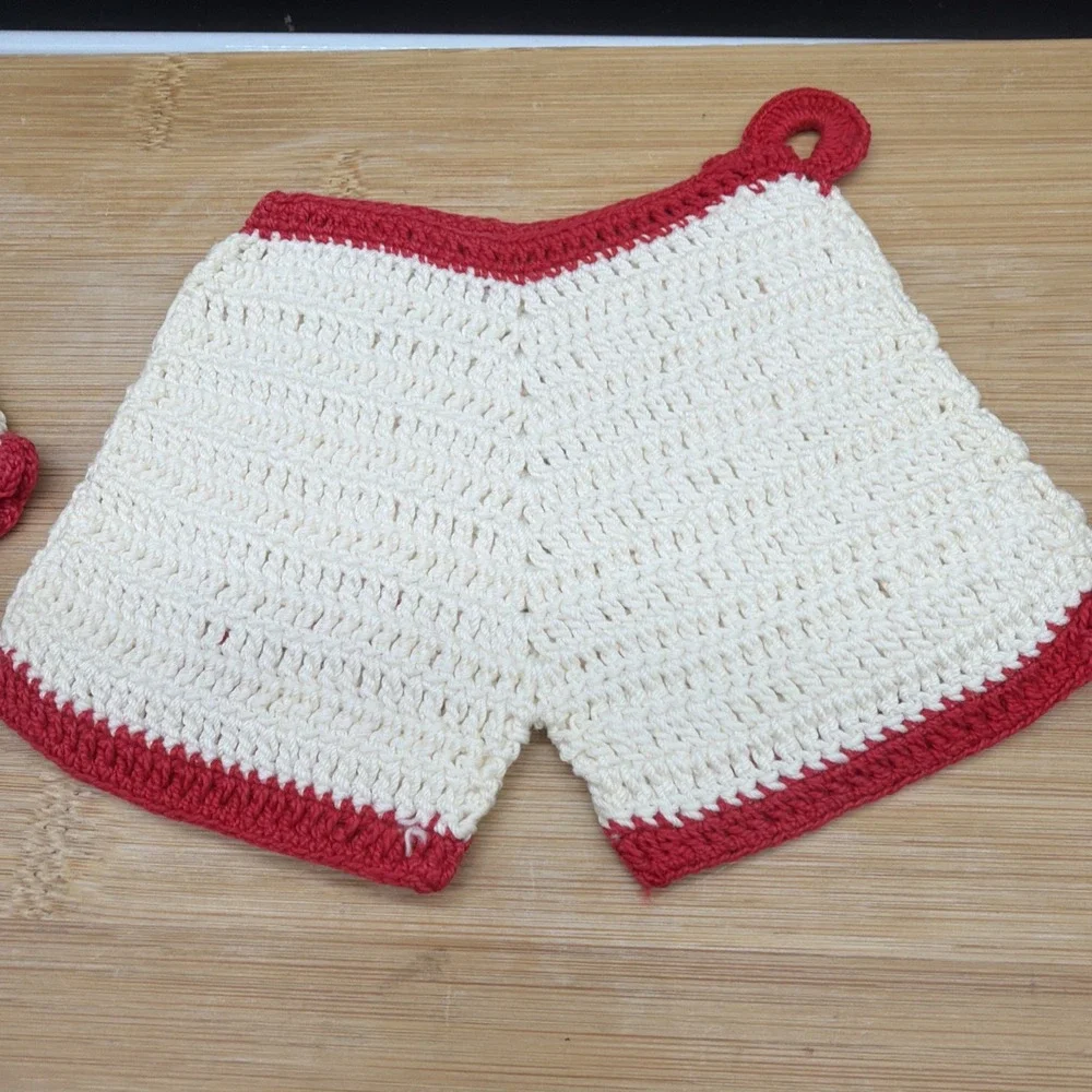 VTG His & Hers Crochet Pot Holders Hot Pads Shorts Panties Red White Kitschy